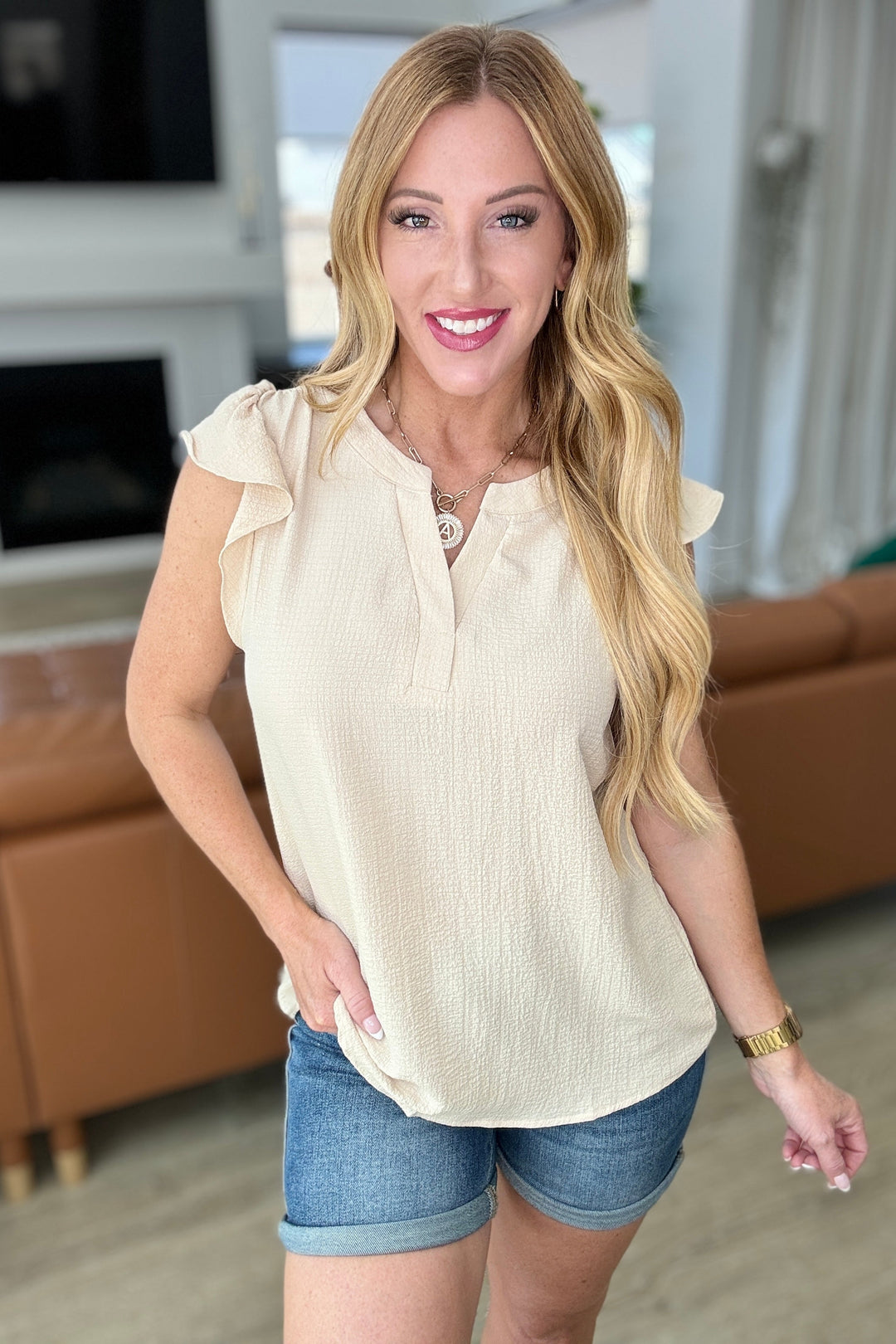 Crinkle Split Neckline Flutter Sleeve Top in Taupe-100 Short Sleeve Tops-Inspired by Justeen-Women's Clothing Boutique in Chicago, Illinois