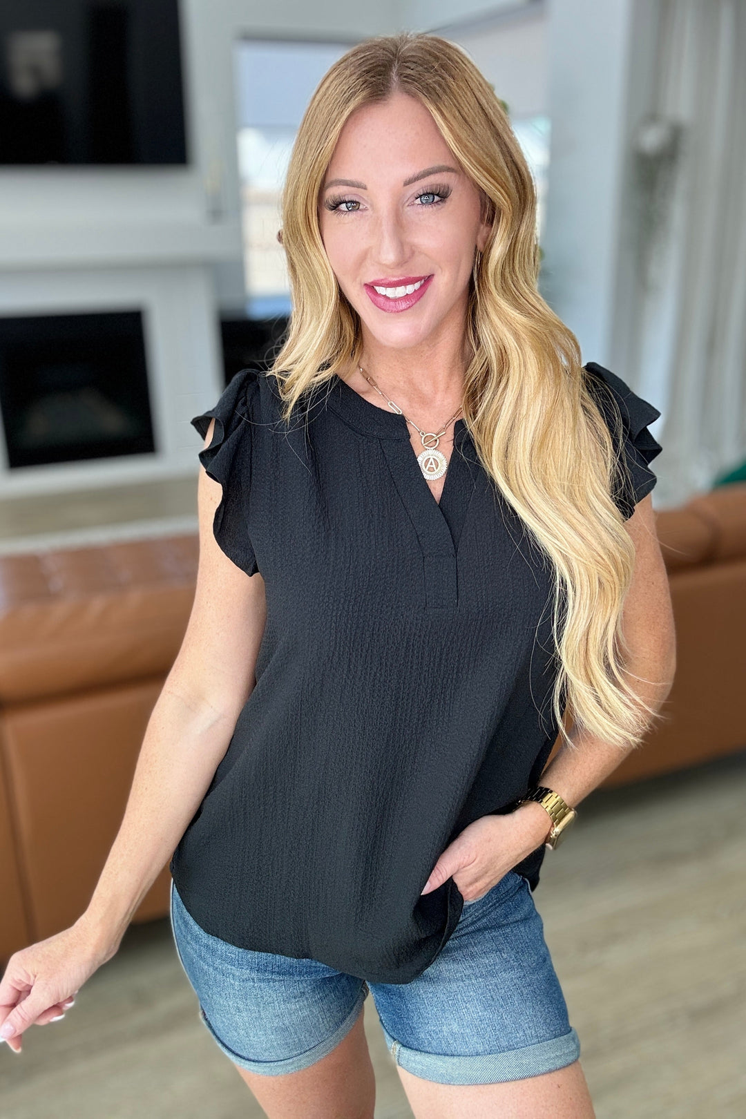 Crinkle Split Neckline Flutter Sleeve Top In Black-100 Short Sleeve Tops-Inspired by Justeen-Women's Clothing Boutique in Chicago, Illinois