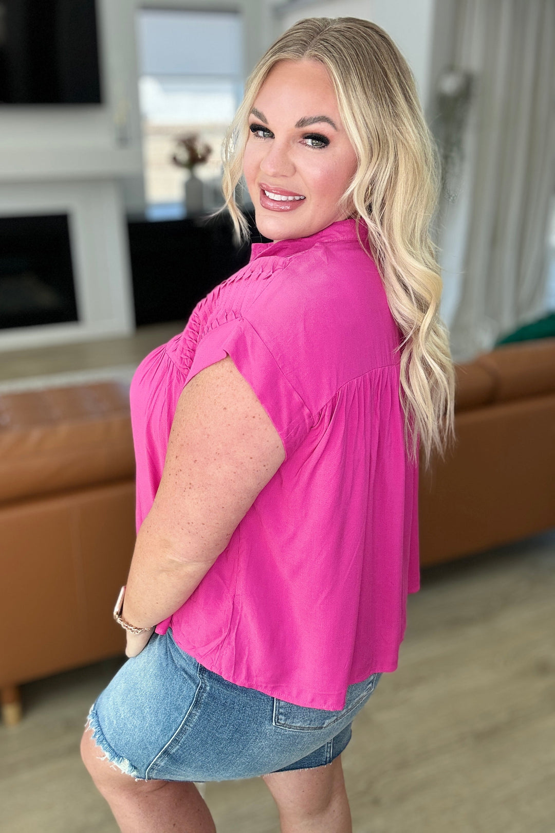 Pleat Detail Button Up Blouse in Hot Pink-100 Short Sleeve Tops-Inspired by Justeen-Women's Clothing Boutique in Chicago, Illinois