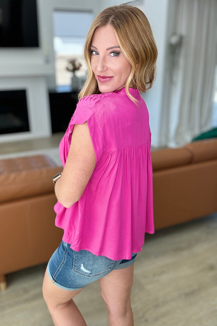 Pleat Detail Button Up Blouse in Hot Pink-100 Short Sleeve Tops-Inspired by Justeen-Women's Clothing Boutique in Chicago, Illinois
