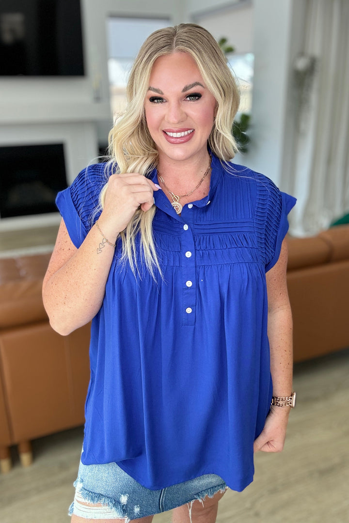 Pleat Detail Button Up Blouse in Royal Blue-100 Short Sleeve Tops-Inspired by Justeen-Women's Clothing Boutique in Chicago, Illinois