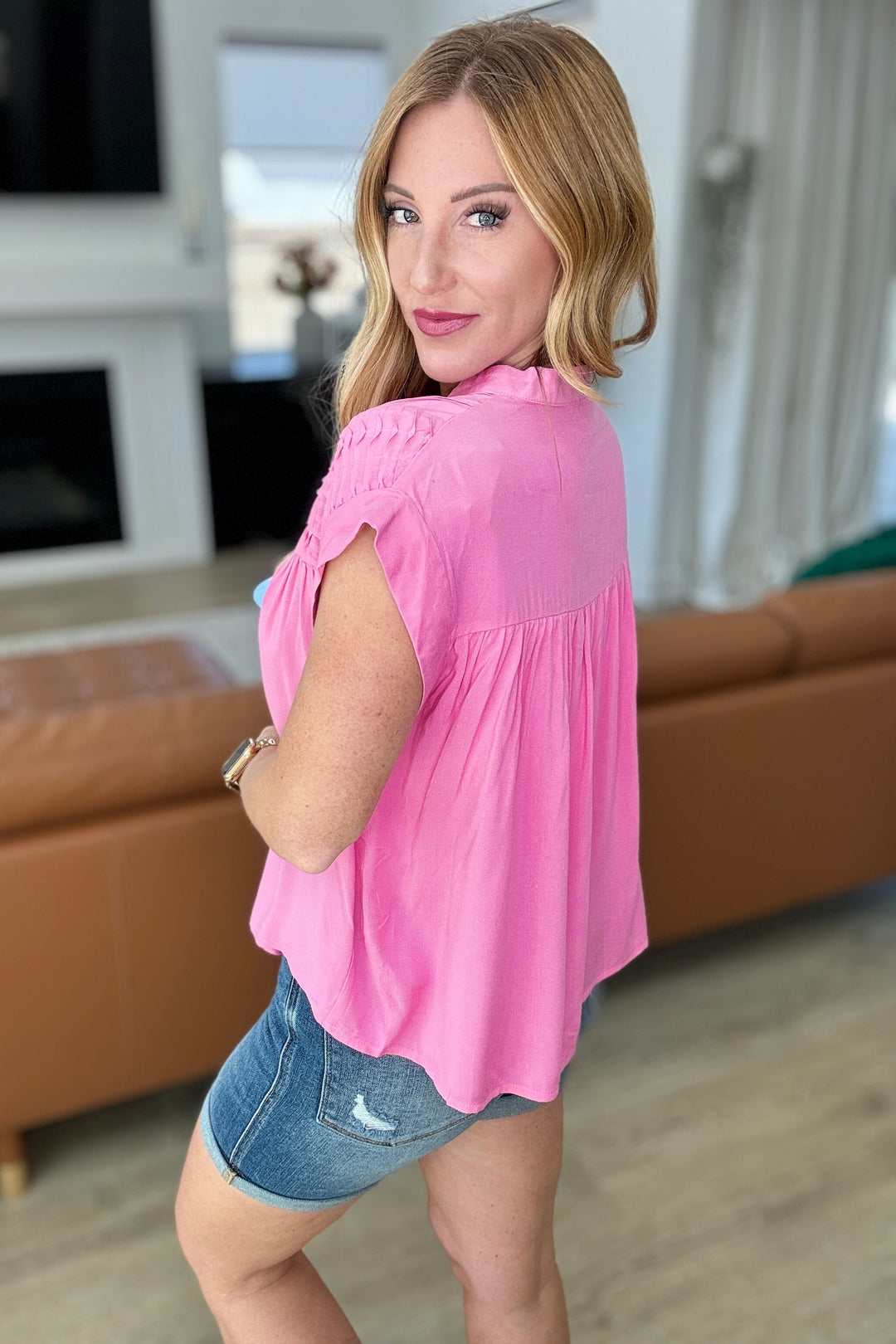 Pleat Detail Button Up Blouse in Pink Cosmos-100 Short Sleeve Tops-Inspired by Justeen-Women's Clothing Boutique in Chicago, Illinois