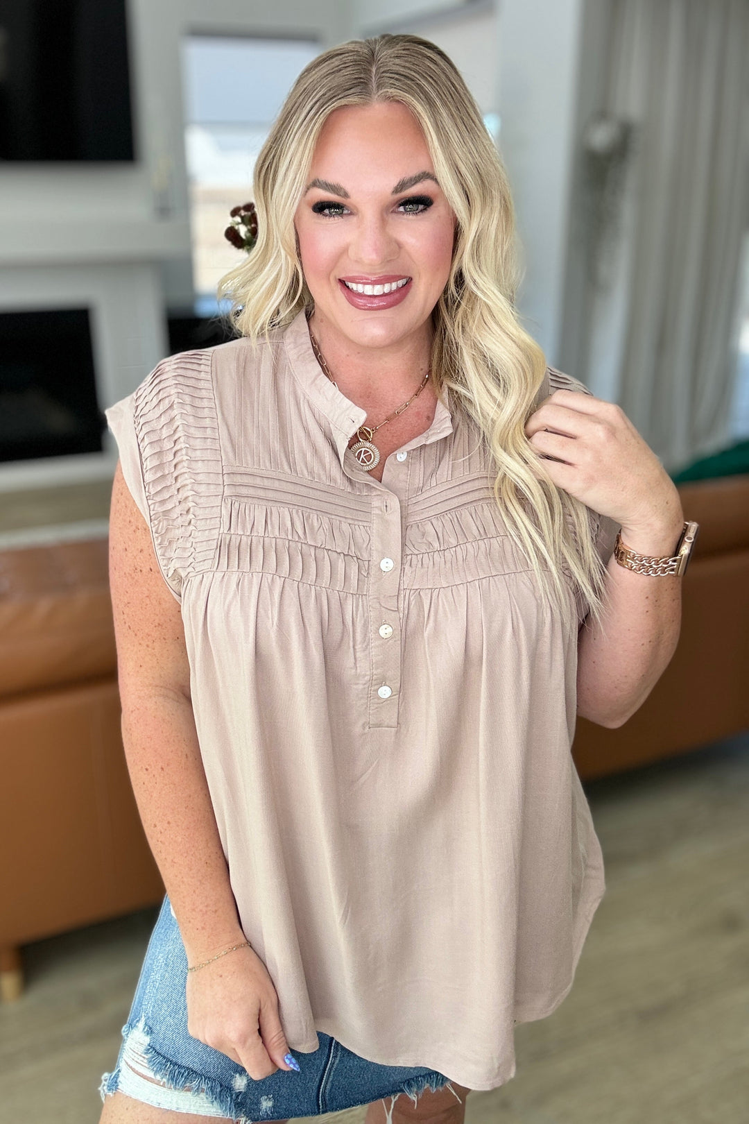 Pleat Detail Button Up Blouse in Taupe-100 Short Sleeve Tops-Inspired by Justeen-Women's Clothing Boutique in Chicago, Illinois