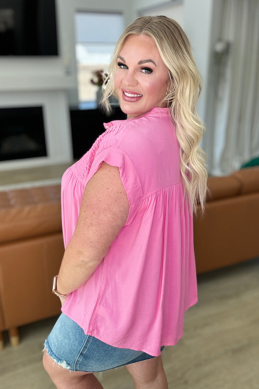 Pleat Detail Button Up Blouse in Pink Cosmos-100 Short Sleeve Tops-Inspired by Justeen-Women's Clothing Boutique in Chicago, Illinois