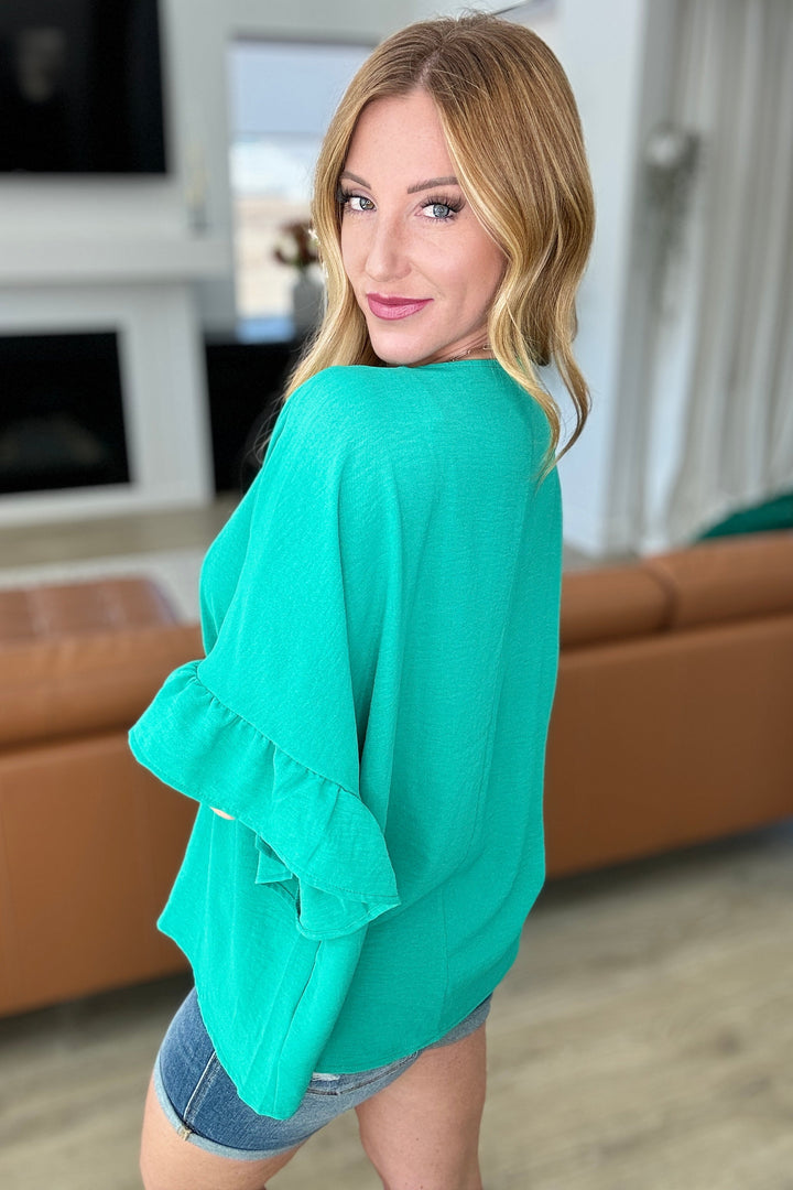 Airflow Peplum Ruffle Sleeve Top in Emerald-Short Sleeve Tops-Inspired by Justeen-Women's Clothing Boutique in Chicago, Illinois
