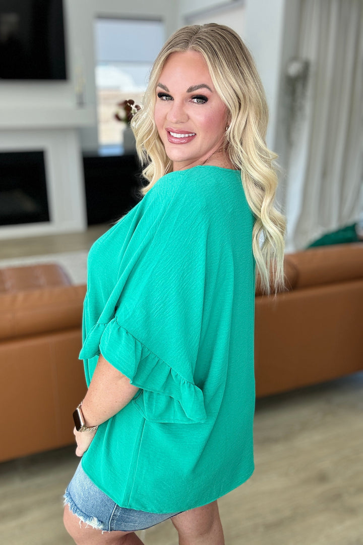 Airflow Peplum Ruffle Sleeve Top in Emerald-Short Sleeve Tops-Inspired by Justeen-Women's Clothing Boutique in Chicago, Illinois