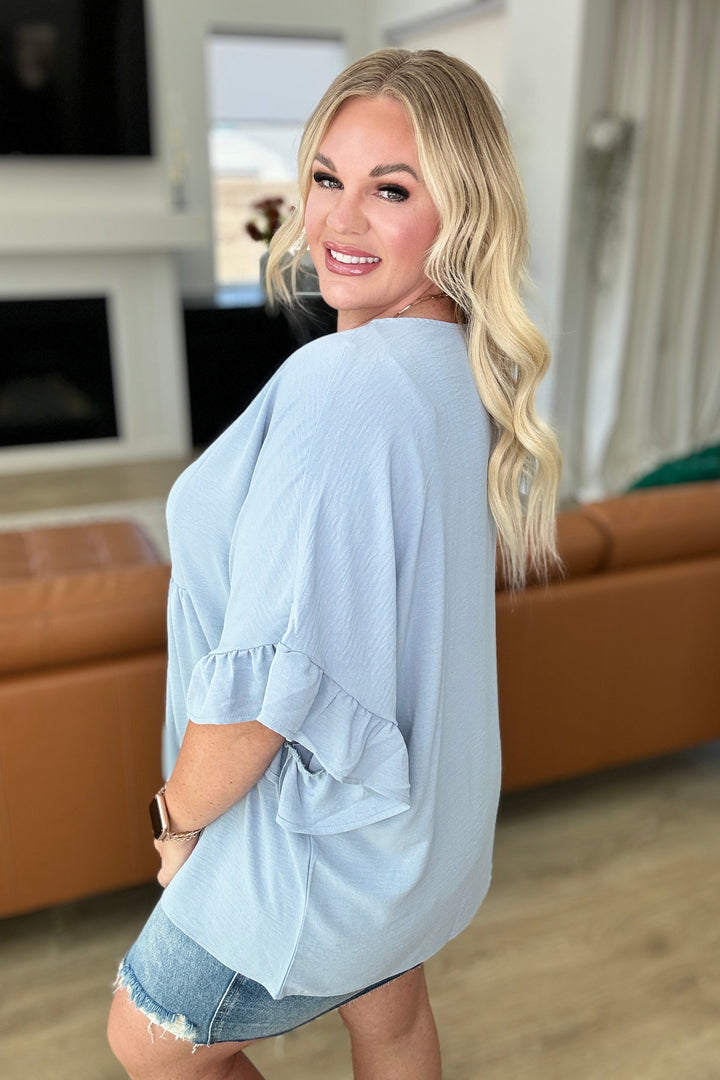 Airflow Peplum Ruffle Sleeve Top in Chambray-Short Sleeve Tops-Inspired by Justeen-Women's Clothing Boutique in Chicago, Illinois
