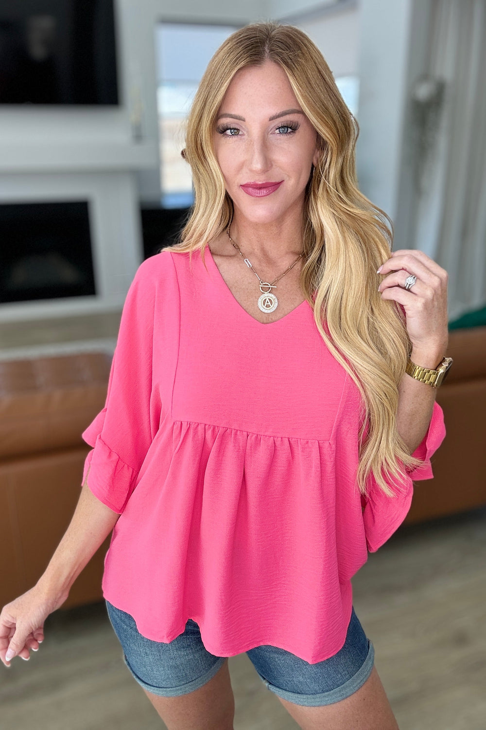 Airflow Peplum Ruffle Sleeve Top in Hot Pink-Short Sleeve Tops-Inspired by Justeen-Women's Clothing Boutique in Chicago, Illinois