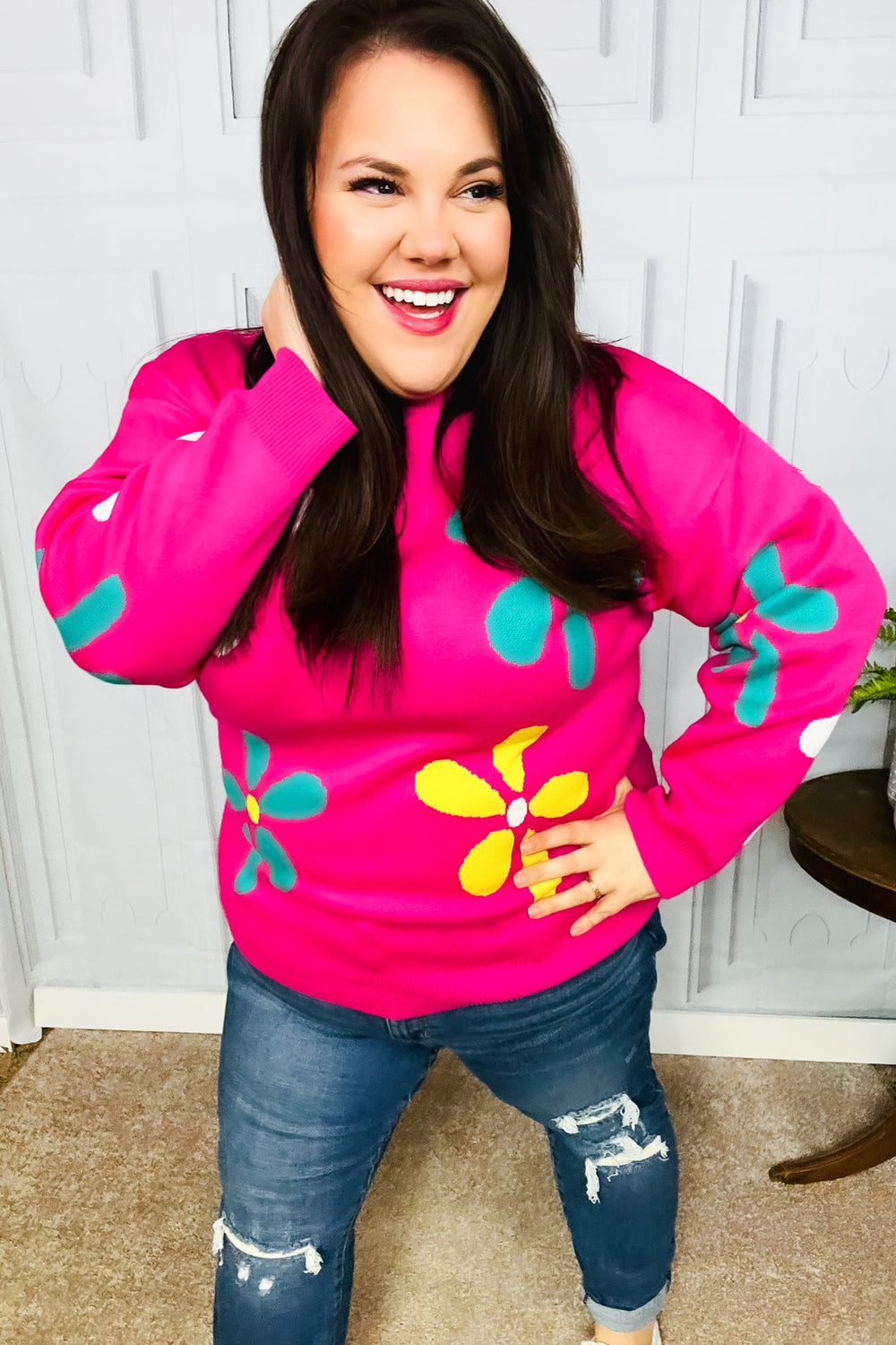 Flower Power Hot Pink Daisy Jacquard Pullover Sweater-Inspired by Justeen-Women's Clothing Boutique in Chicago, Illinois