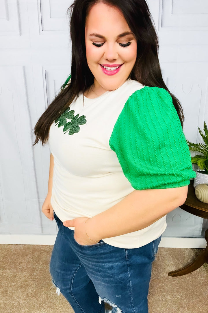 Lucky Sequin Clover Oatmeal Cable Knit Puff Sleeve Top-Inspired by Justeen-Women's Clothing Boutique