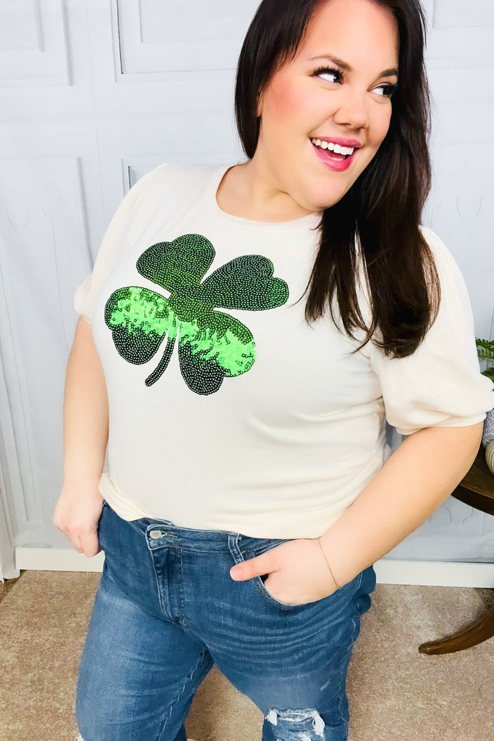 Saint Patty Sequin Clover French Terry Puff Sleeve Top-Inspired by Justeen-Women's Clothing Boutique