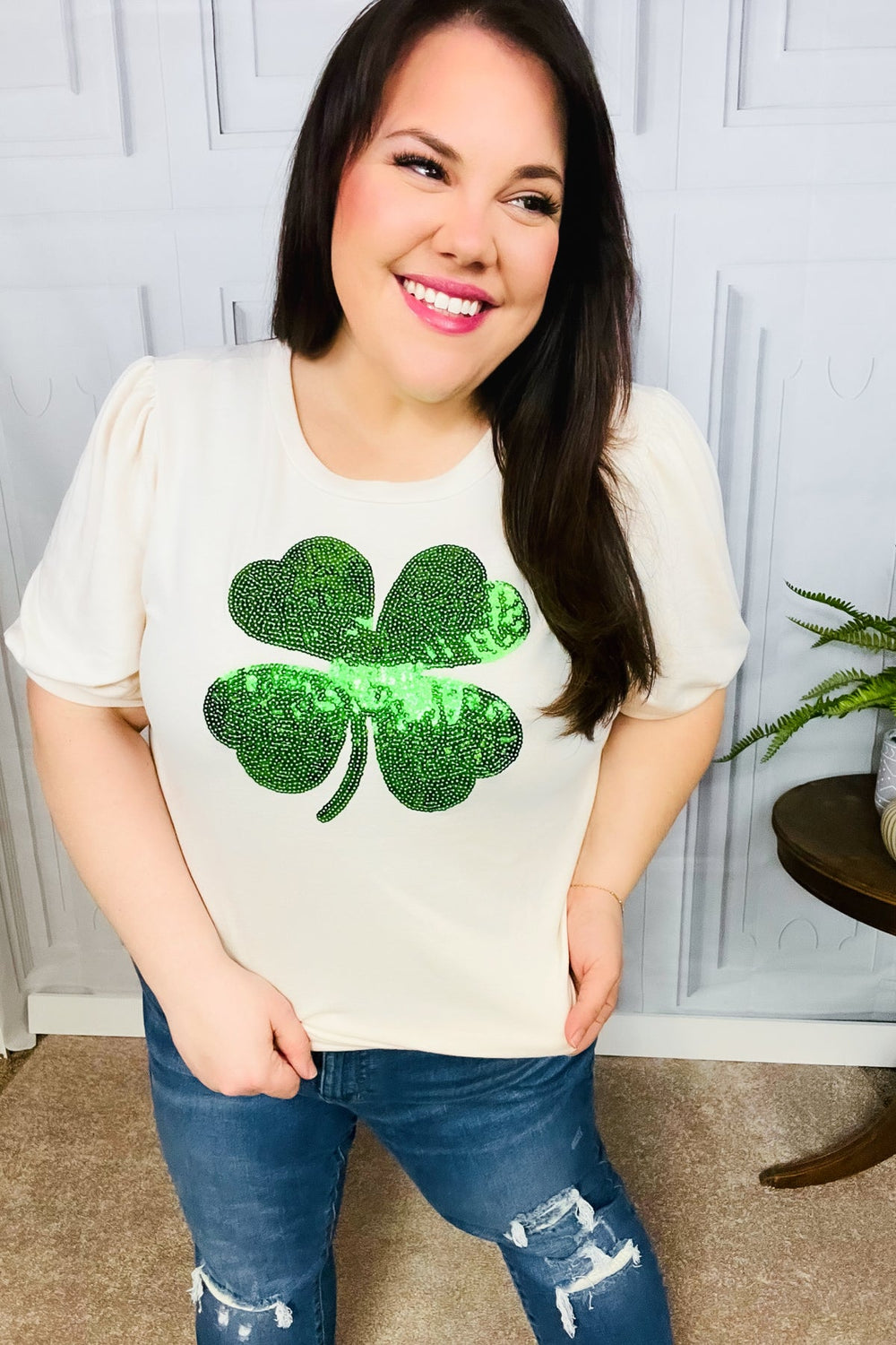 Saint Patty Sequin Clover French Terry Puff Sleeve Top-Inspired by Justeen-Women's Clothing Boutique