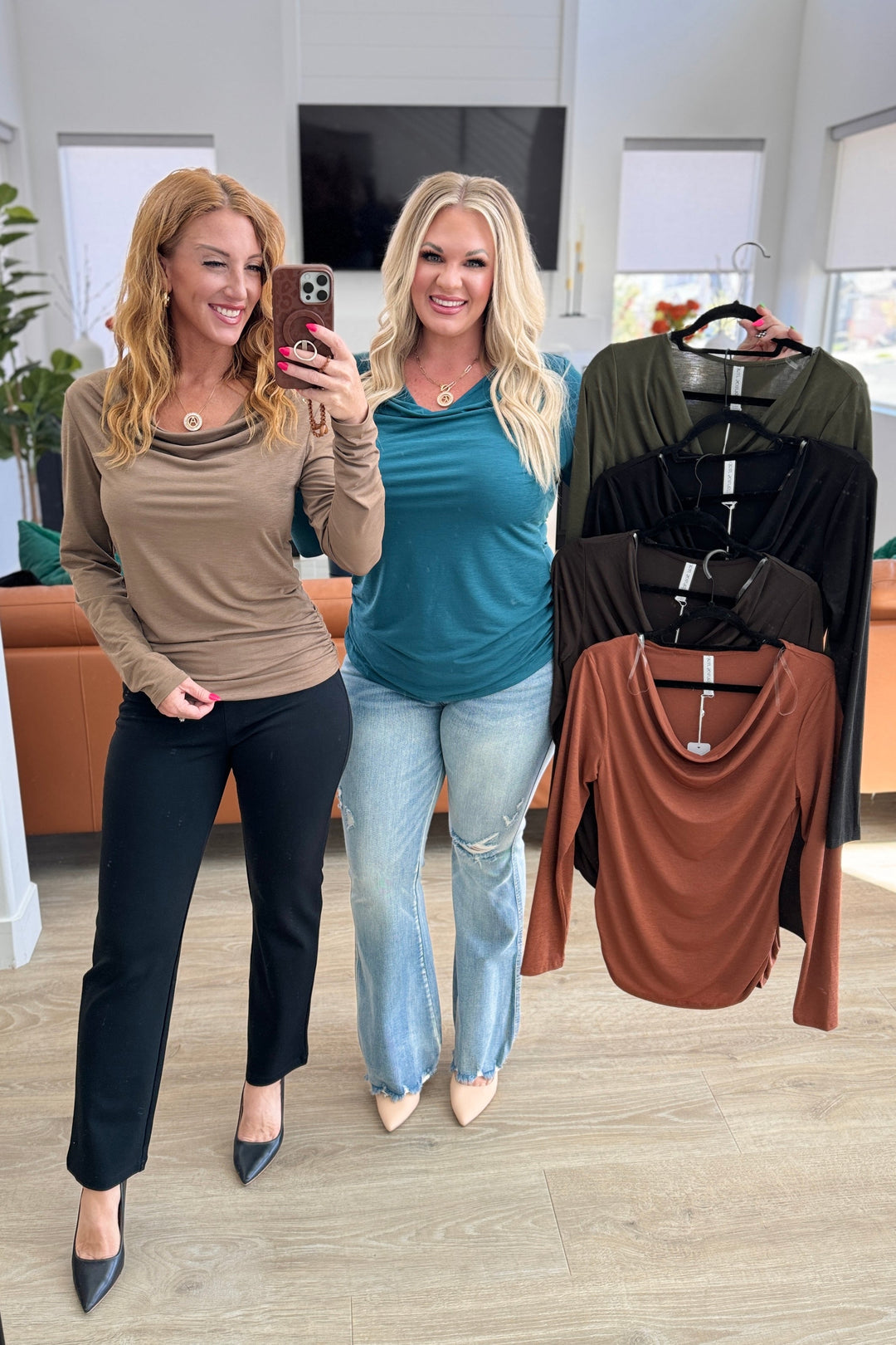 Ruched Cowl Neck Top in Dark Teal-110 Long Sleeve Tops-Inspired by Justeen-Women's Clothing Boutique