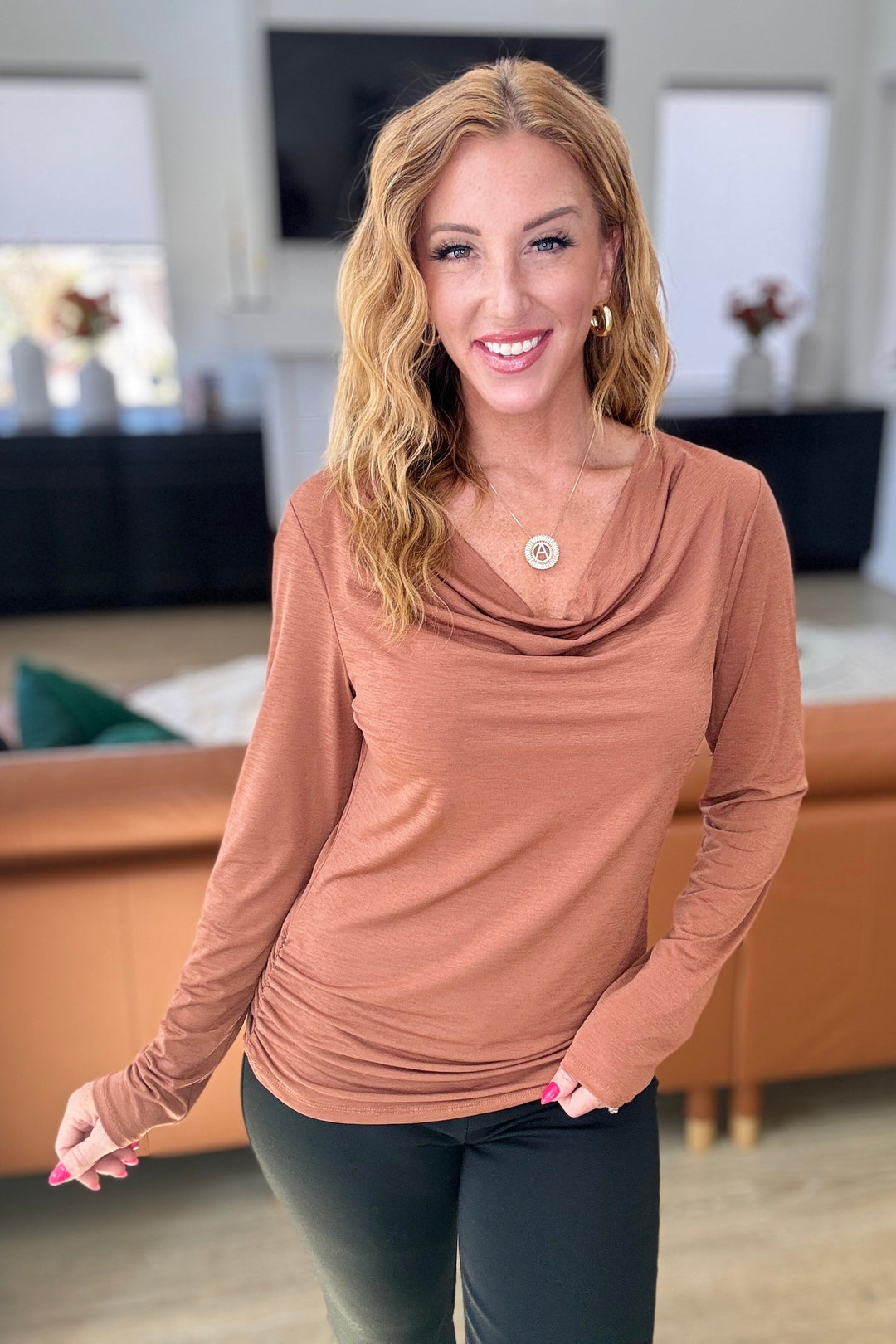 Ruched Cowl Neck Top in Rust-110 Long Sleeve Tops-Inspired by Justeen-Women's Clothing Boutique