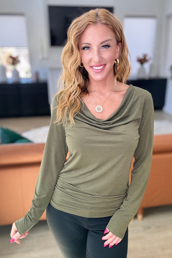 Ruched Cowl Neck Top in Olive-110 Long Sleeve Tops-Inspired by Justeen-Women's Clothing Boutique