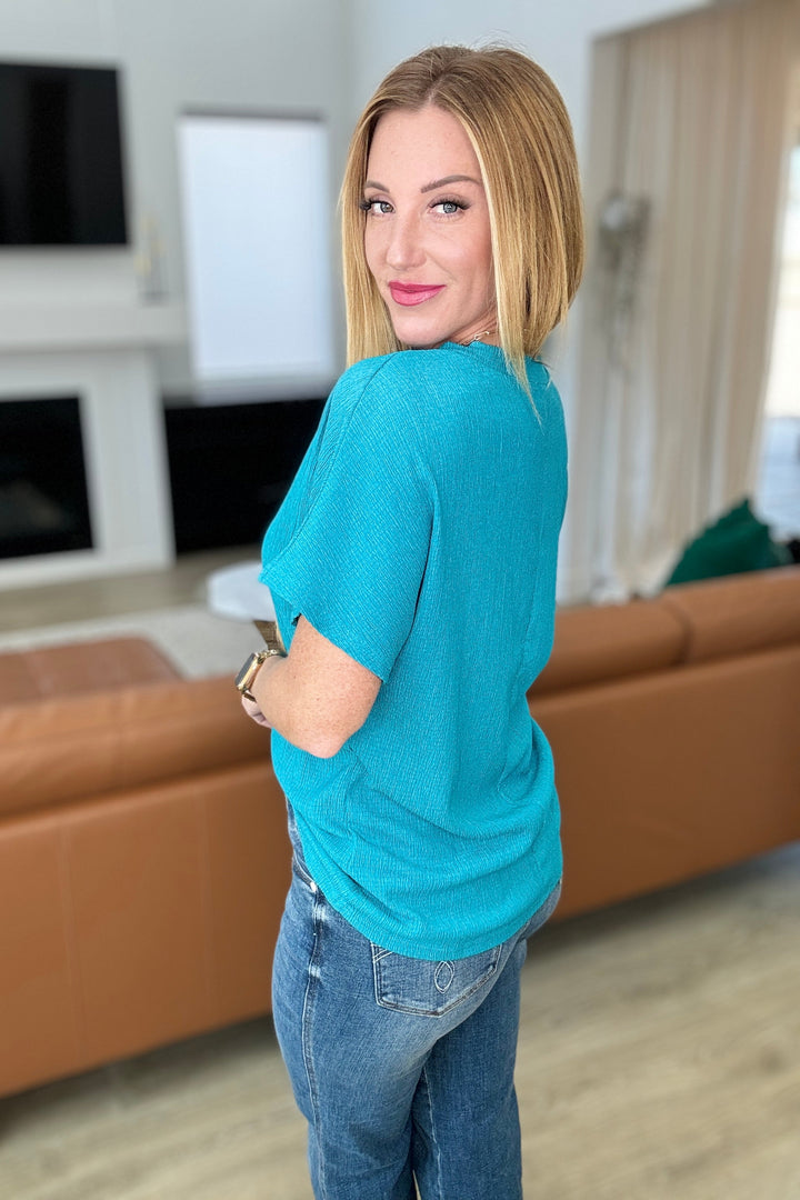 Trial and Error Textured V-Neck Blouse in Teal-Short Sleeve Tops-Inspired by Justeen-Women's Clothing Boutique