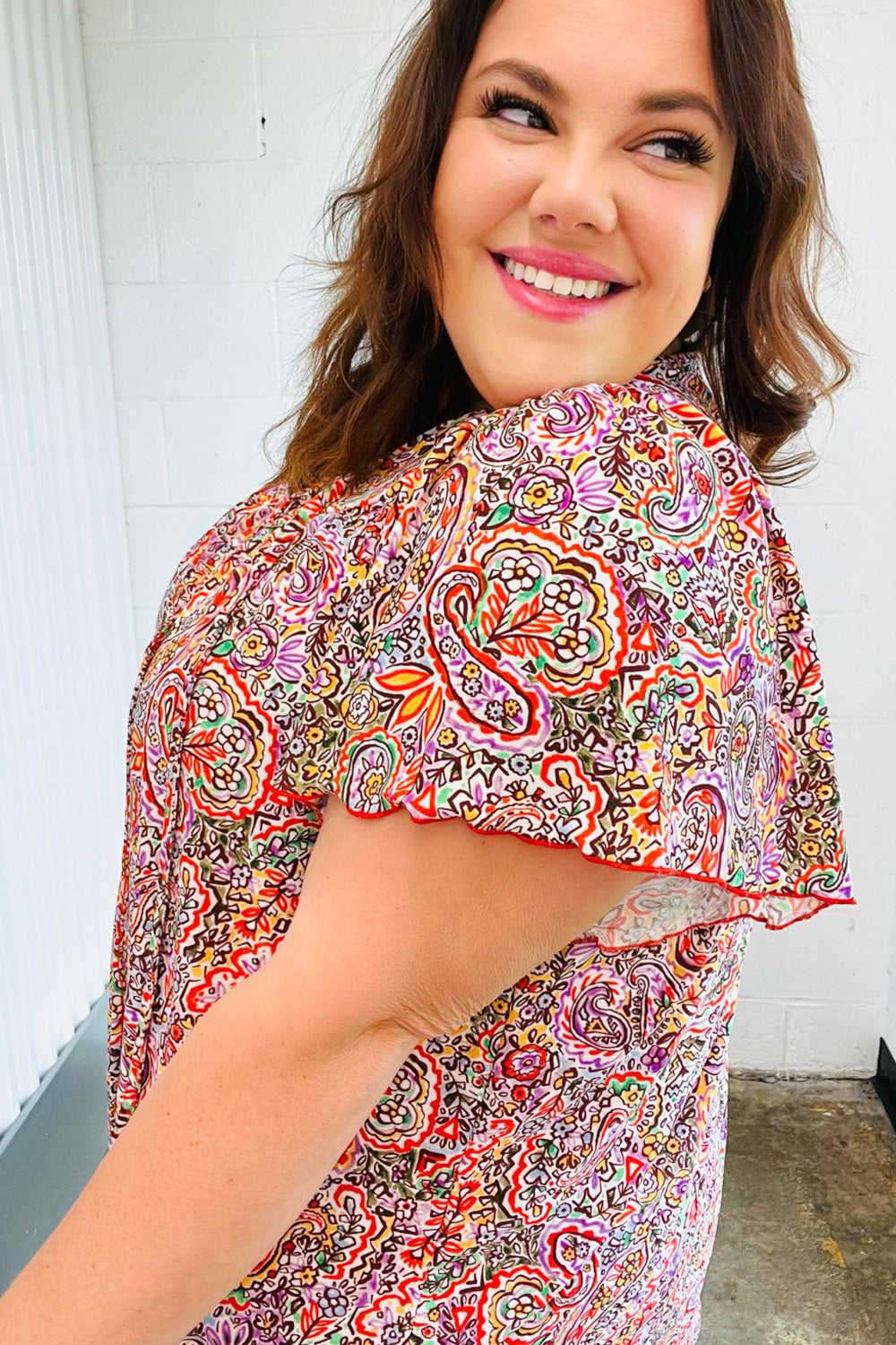 Plum Multicolor Boho Paisley Tie Neck Dolman Top-Inspired by Justeen-Women's Clothing Boutique in Chicago, Illinois