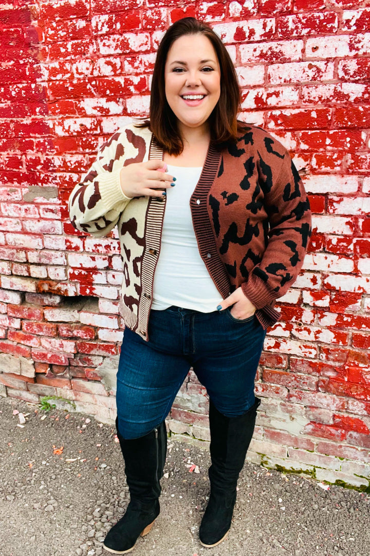 Taupe & Sepia Leopard Print Color Block Cardigan-Inspired by Justeen-Women's Clothing Boutique in Chicago, Illinois