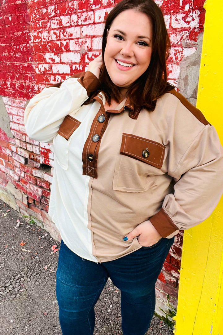 Fun Days Ahead Sepia Ivory/Taupe Color Block Button Down Pullover-Inspired by Justeen-Women's Clothing Boutique in Chicago, Illinois