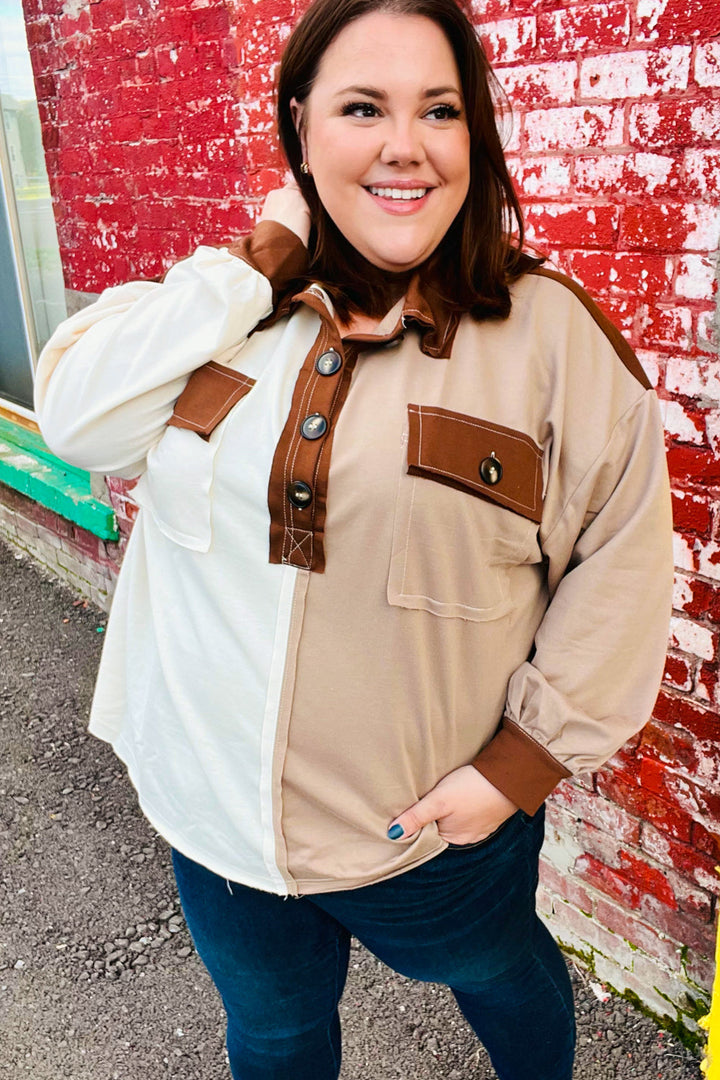 Fun Days Ahead Sepia Ivory/Taupe Color Block Button Down Pullover-Inspired by Justeen-Women's Clothing Boutique in Chicago, Illinois