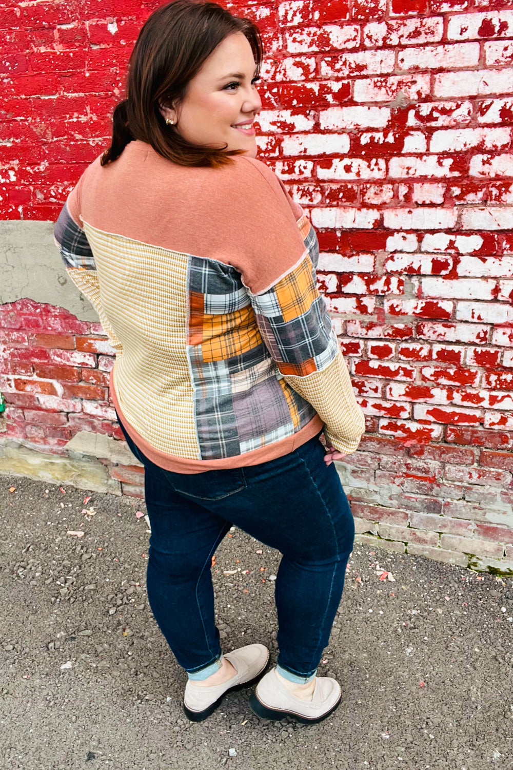 What I Like Rust/Charcoal Two Tone Knit Plaid V Neck Top-Inspired by Justeen-Women's Clothing Boutique in Chicago, Illinois