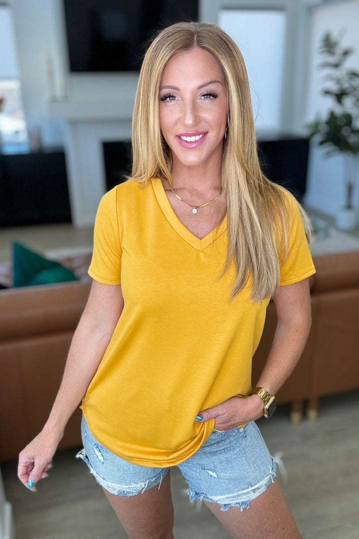 Heart and Soul V-Neck Top in Mustard-Short Sleeve Tops-Inspired by Justeen-Women's Clothing Boutique