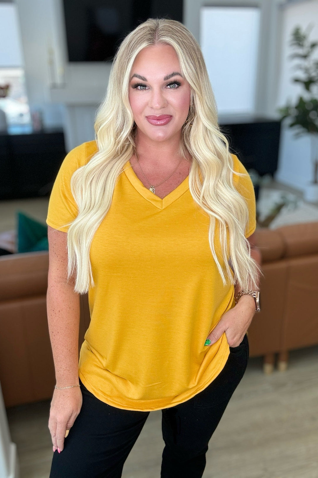 Heart and Soul V-Neck Top in Mustard-Short Sleeve Tops-Inspired by Justeen-Women's Clothing Boutique