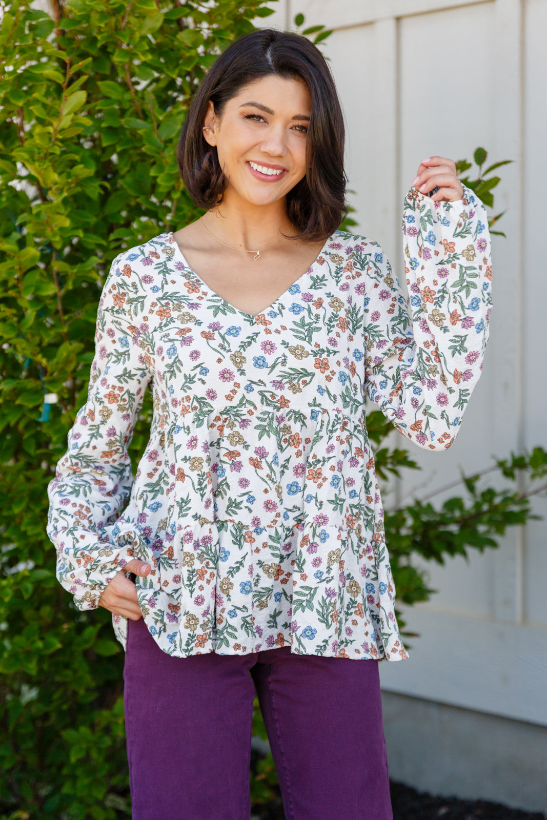 I Think I Can V-Neck Floral Top-110 Long Sleeve Tops-Inspired by Justeen-Women's Clothing Boutique