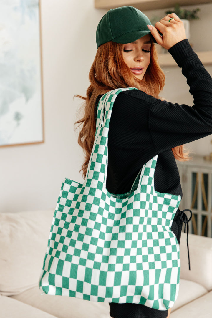 Checkerboard Lazy Wind Big Bag in Green & White-200 Purses/Bags-Inspired by Justeen-Women's Clothing Boutique