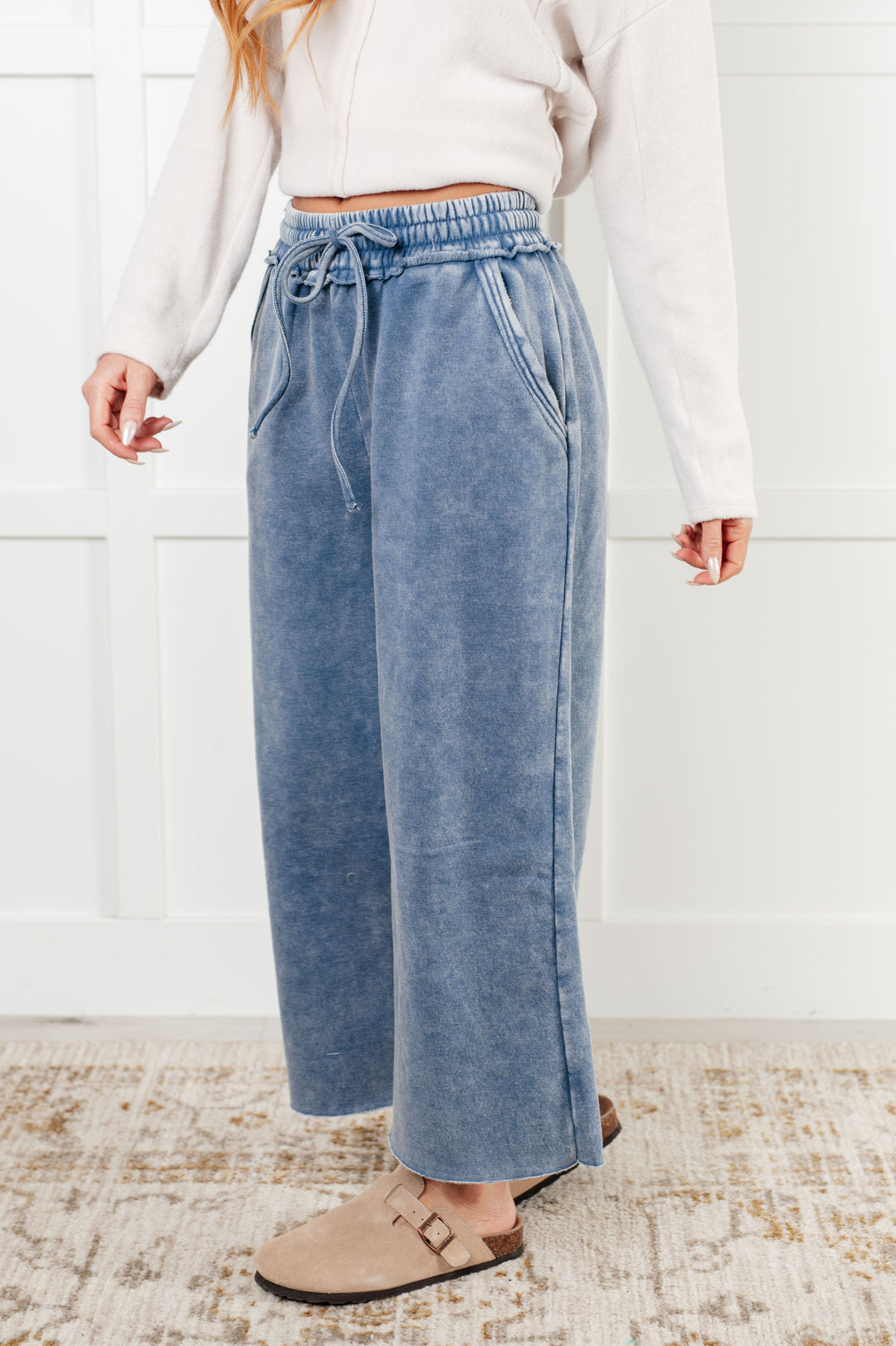 In or Out Wide Leg Cropped Pants in Dusty Blue-Pants-Inspired by Justeen-Women's Clothing Boutique