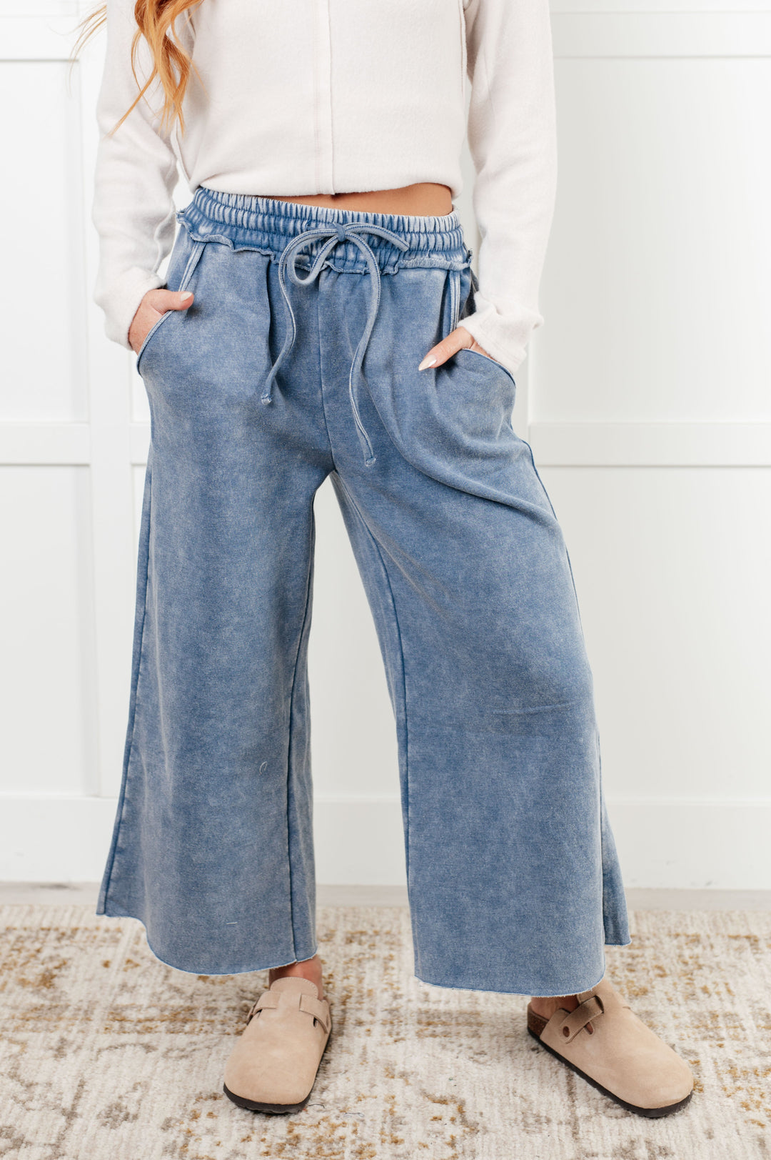 In or Out Wide Leg Cropped Pants in Dusty Blue-Pants-Inspired by Justeen-Women's Clothing Boutique