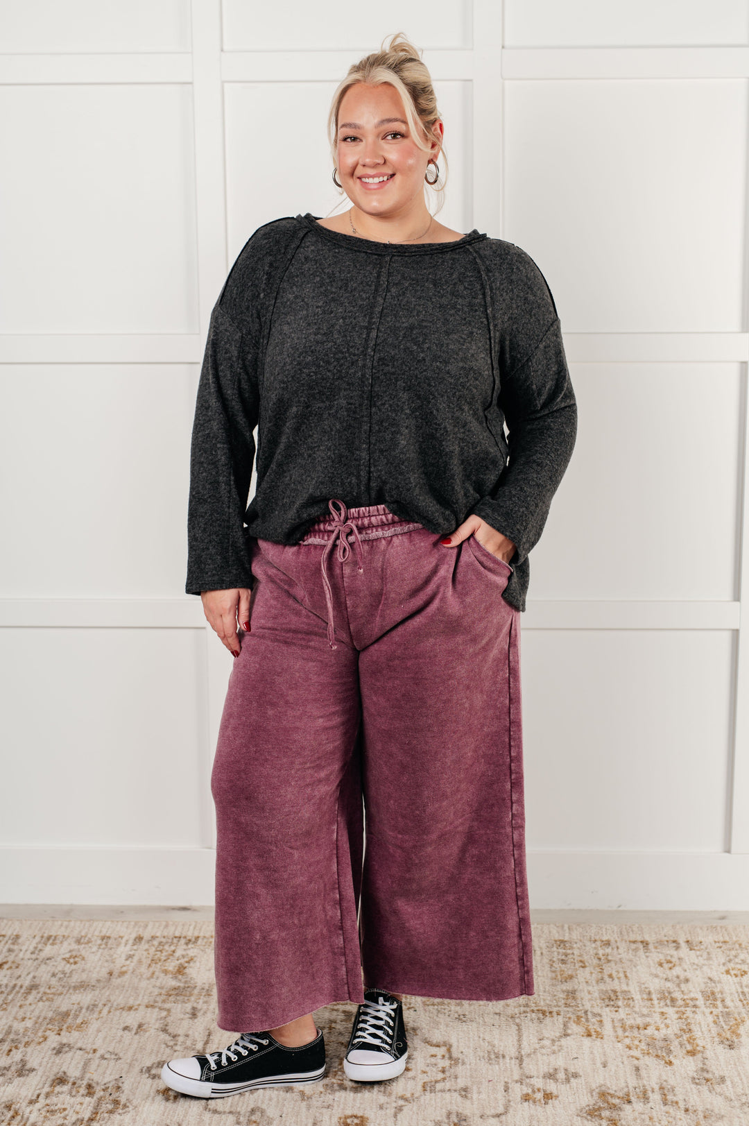 In or Out Wide Leg Cropped Pants in Eggplant-Pants-Inspired by Justeen-Women's Clothing Boutique