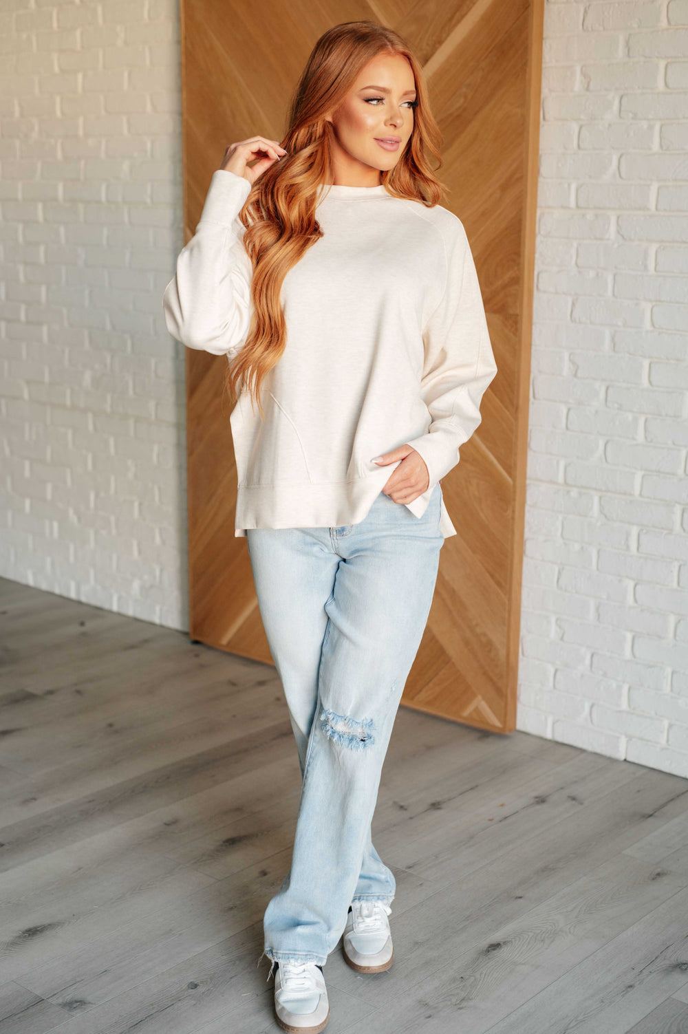 It's The Little Things Relaxed Scuba Pullover in Beige-Sweaters/Sweatshirts-Inspired by Justeen-Women's Clothing Boutique