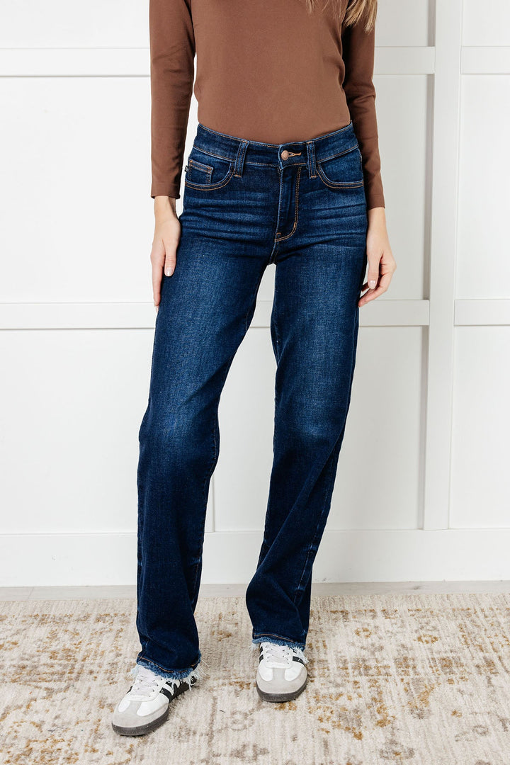 Jacqueline Mid Rise Frayed Hem Straight Leg Jean-Denim-Inspired by Justeen-Women's Clothing Boutique