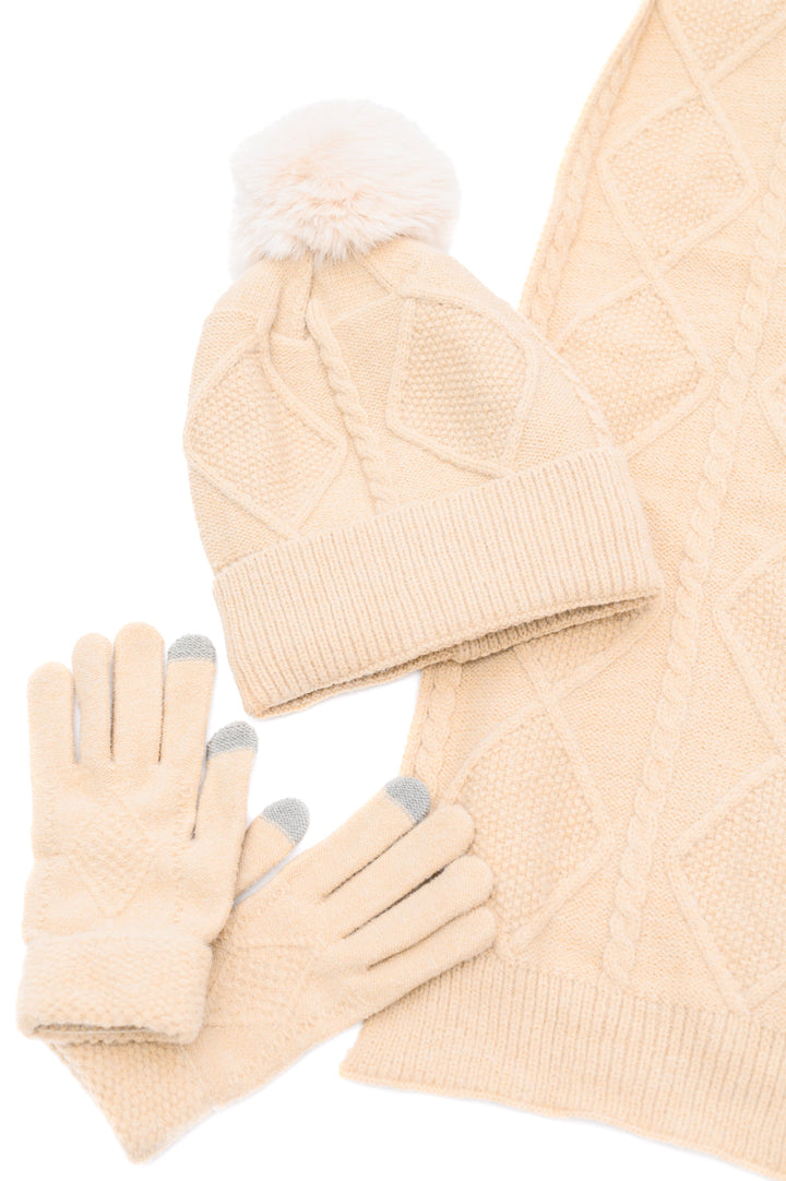 Jane Frost Beanie, Glove, and Scarf Set in Beige-220 Beauty/Gift-Inspired by Justeen-Women's Clothing Boutique