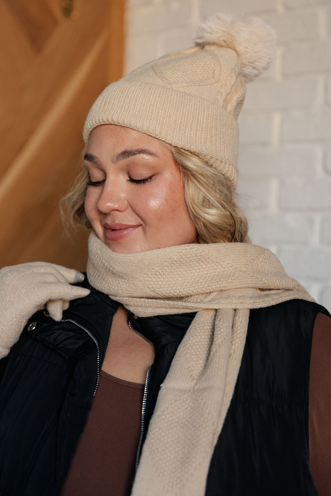 Jane Frost Beanie, Glove, and Scarf Set in Beige-220 Beauty/Gift-Inspired by Justeen-Women's Clothing Boutique