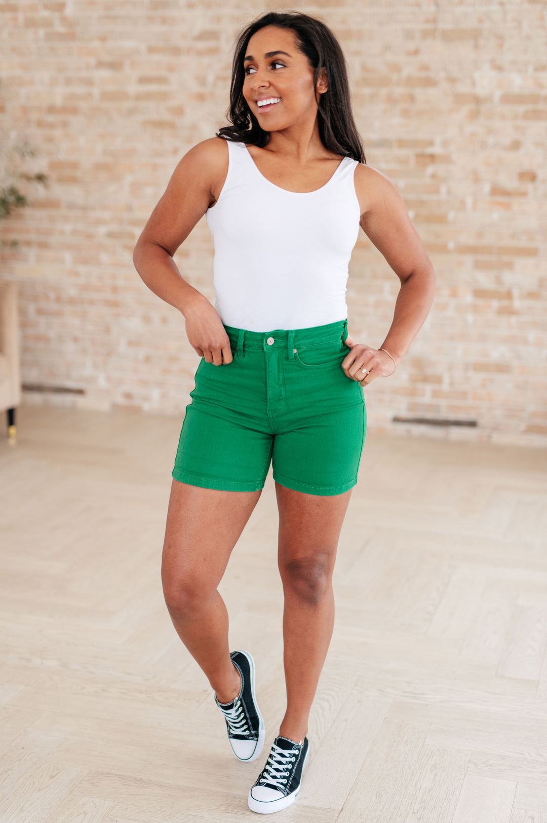 Jenna High Rise Control Top Cuffed Shorts in Green-Denim-Inspired by Justeen-Women's Clothing Boutique