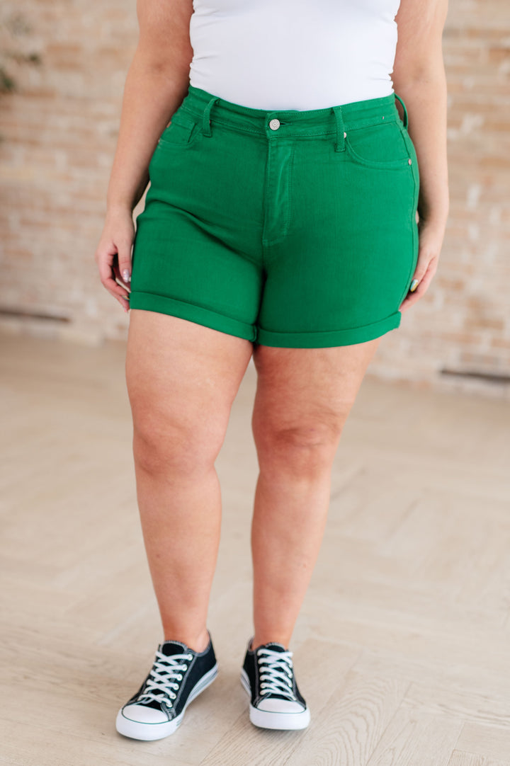 Jenna High Rise Control Top Cuffed Shorts in Green-Denim-Inspired by Justeen-Women's Clothing Boutique