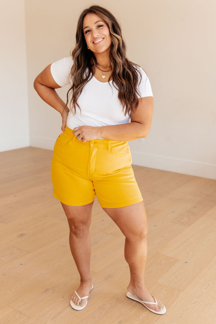 Jenna High Rise Control Top Cuffed Shorts in Yellow-Denim-Inspired by Justeen-Women's Clothing Boutique in Chicago, Illinois