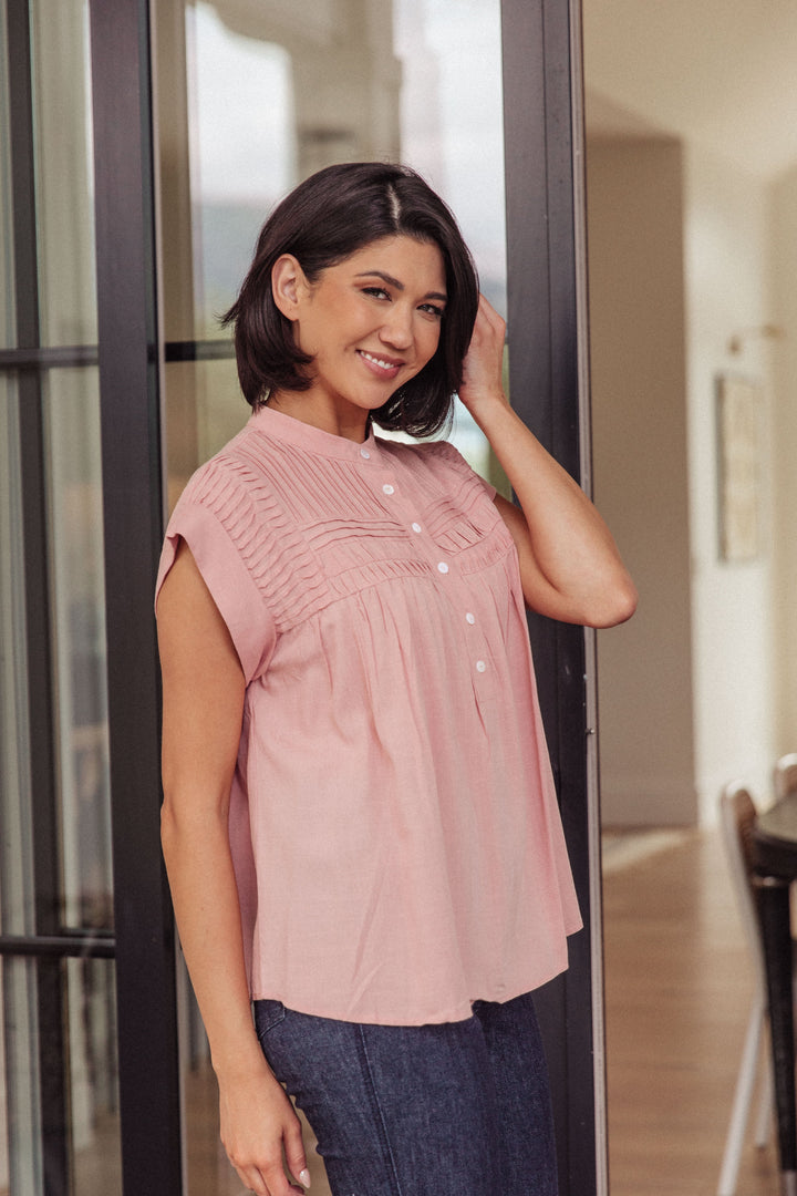 Pleat Detail Button Up Blouse in Pink-100 Short Sleeve Tops-Inspired by Justeen-Women's Clothing Boutique in Chicago, Illinois