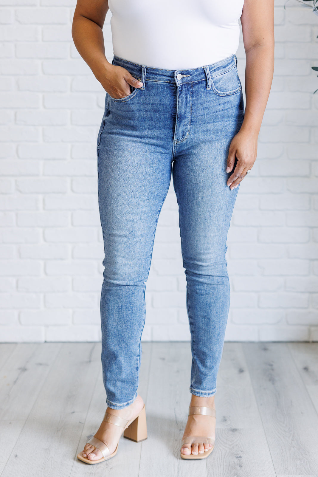 Justine High Rise Control Top Contrast Wash Skinny Jeans-Denim-Inspired by Justeen-Women's Clothing Boutique