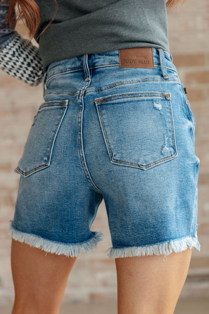 Kara High Rise Rigid Magic Button Fly Cutoff Shorts-Denim-Inspired by Justeen-Women's Clothing Boutique in Chicago, Illinois