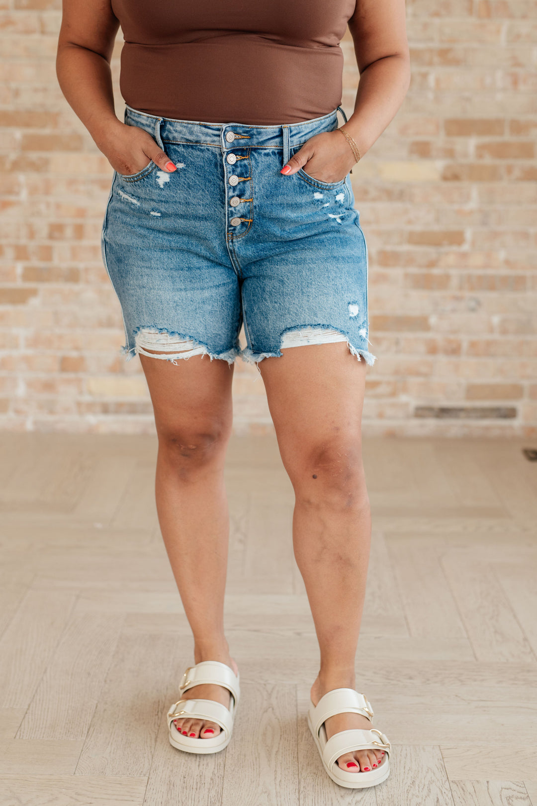 Kara High Rise Rigid Magic Button Fly Cutoff Shorts-Denim-Inspired by Justeen-Women's Clothing Boutique in Chicago, Illinois