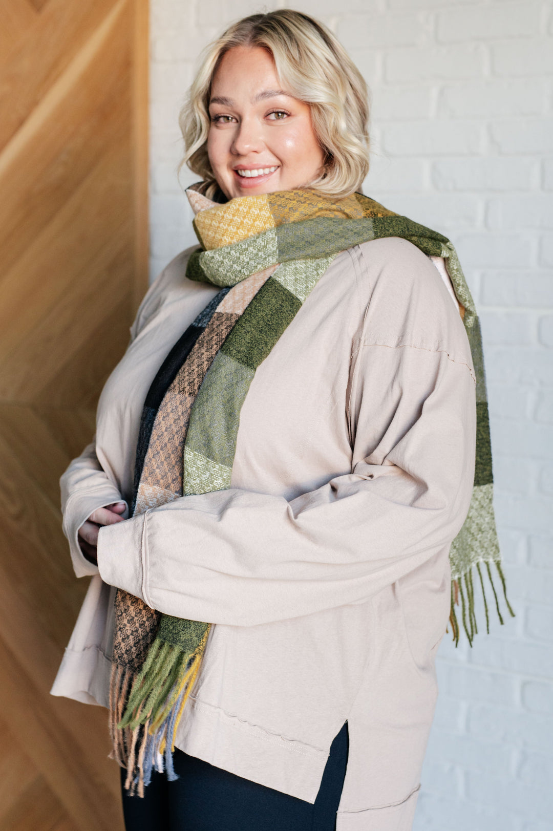 Keep Me Cozy Checkered Fringe Scarf in Woodland Shades-220 Beauty/Gift-Inspired by Justeen-Women's Clothing Boutique