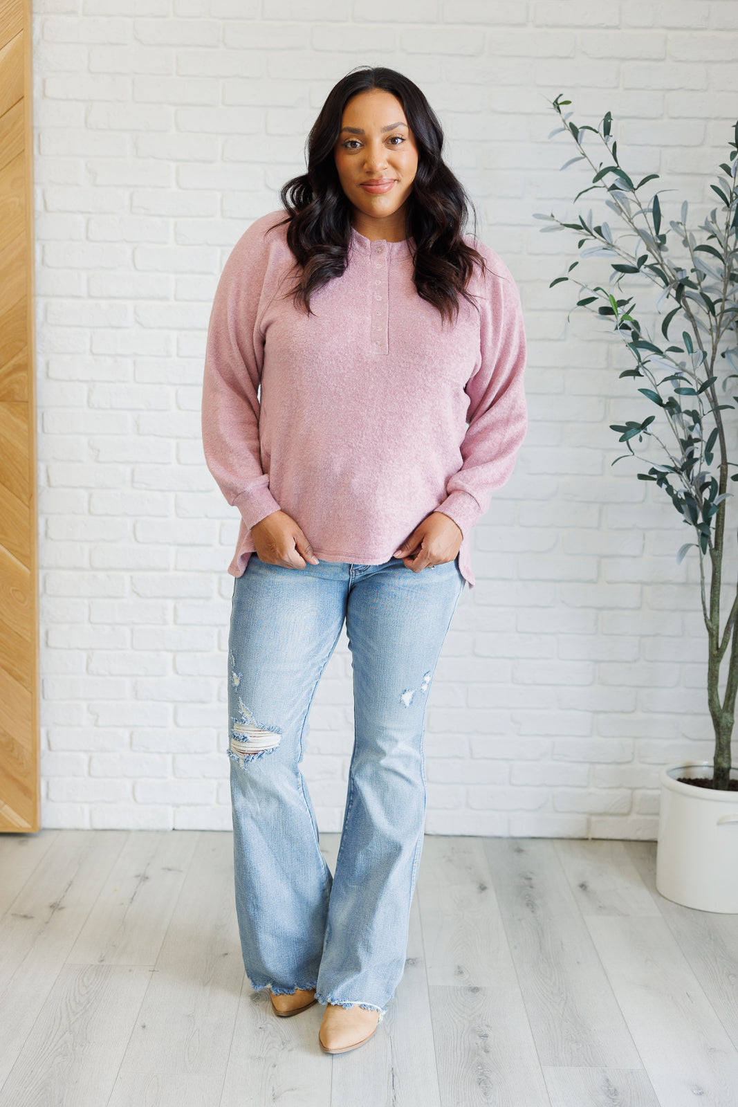 Keeping it Real Brushed Melange Hacci Long Sleeve Tee in Light Rose-110 Long Sleeve Tops-Inspired by Justeen-Women's Clothing Boutique