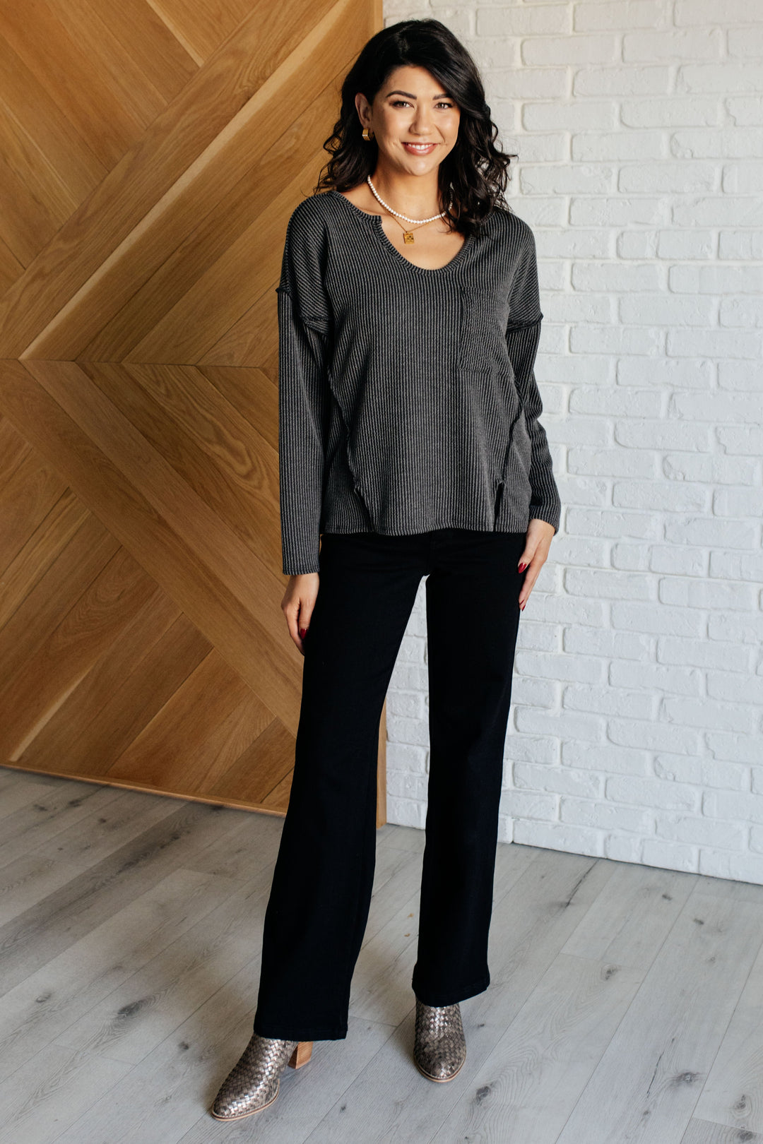 Kinda Sorta Ribbed Top in Charcoal-110 Long Sleeve Tops-Inspired by Justeen-Women's Clothing Boutique