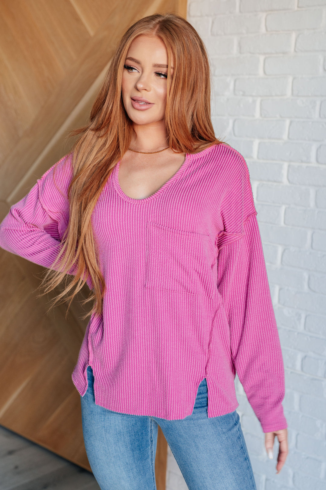 Kinda Sorta Ribbed Top in Magenta-110 Long Sleeve Tops-Inspired by Justeen-Women's Clothing Boutique