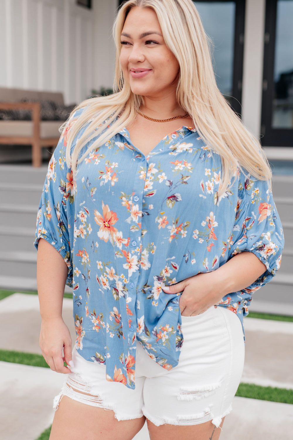 Lanikai Floral Button Down-Short Sleeve Tops-Inspired by Justeen-Women's Clothing Boutique in Chicago, Illinois