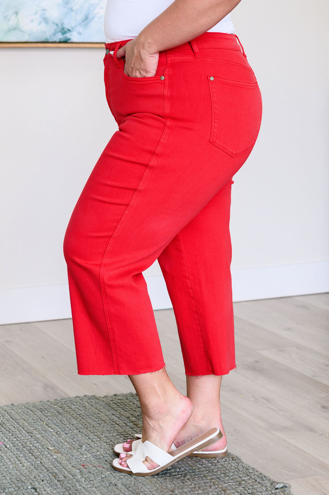 Lisa High Rise Control Top Wide Leg Crop Jeans in Red-Denim-Inspired by Justeen-Women's Clothing Boutique in Chicago, Illinois