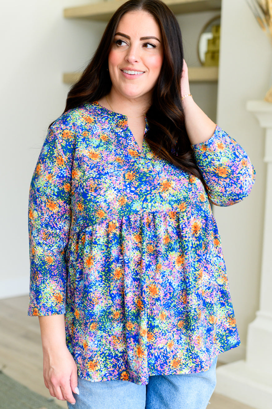 Lizzy Babydoll Top in Royal Multi Fireworks-100 Short Sleeve Tops-Inspired by Justeen-Women's Clothing Boutique in Chicago, Illinois